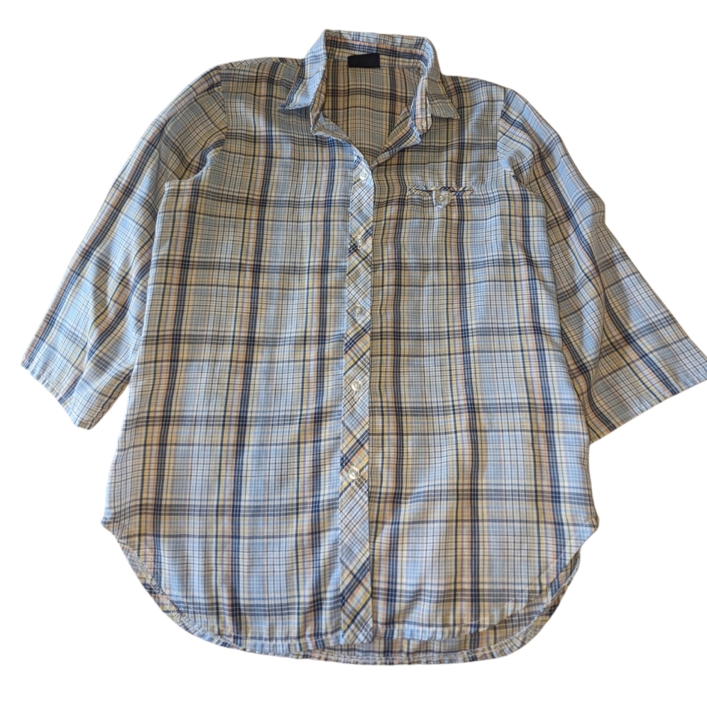Women's Koret City Blues Plaid Button Down Collared Shirt, Size S, 3/4 Sleeves